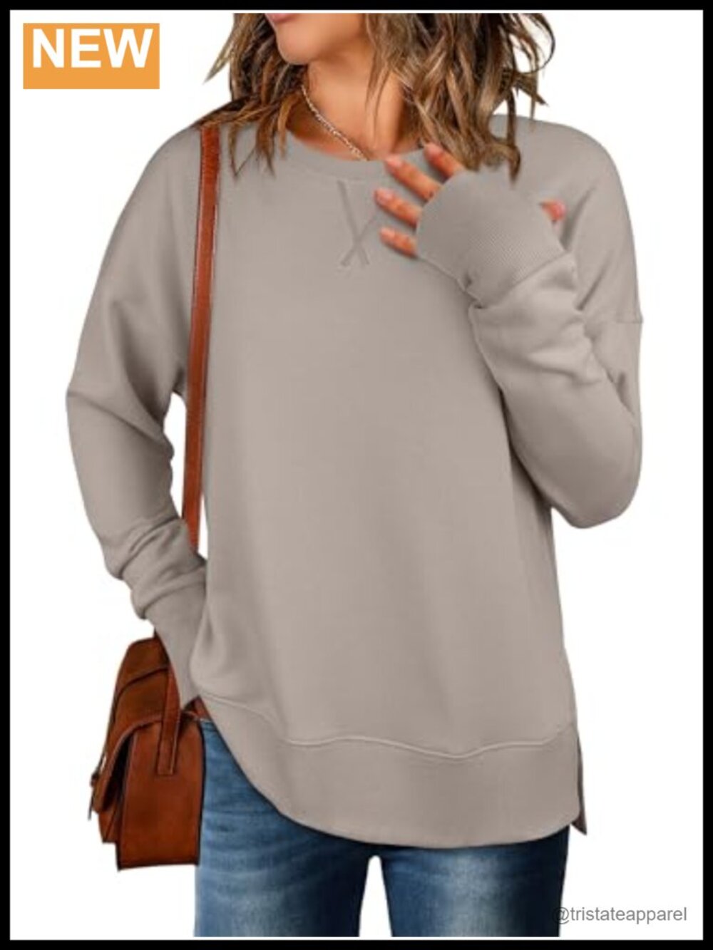 Oversized Lightweight Crewneck Sweatshirt with Long Sleeves and Side Split